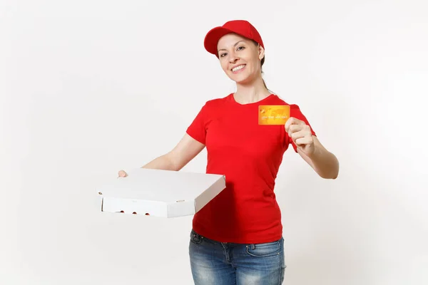 Mulher Entrega Uniforme Vermelho Isolado Fundo Branco Feminino Boné Shirt — Fotografia de Stock