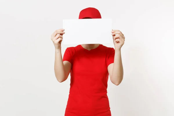 Mujer Parto Uniforme Rojo Aislado Sobre Fondo Blanco Mensajera Gorra — Foto de Stock