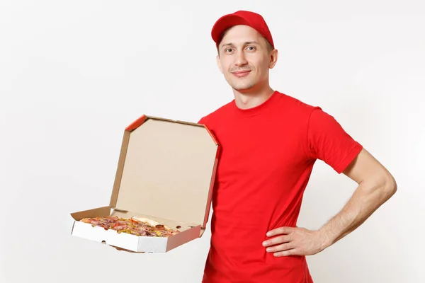Entrega Homem Sorridente Uniforme Vermelho Isolado Fundo Branco Homem Pizzaman — Fotografia de Stock