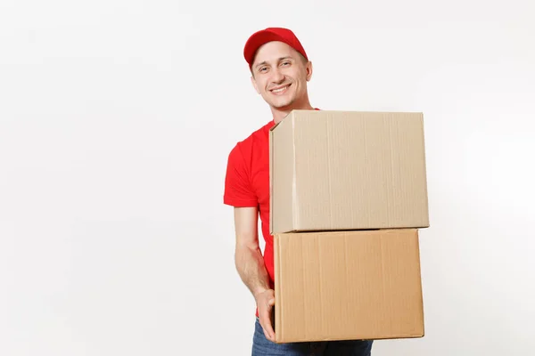 Entrega Jovem Uniforme Vermelho Isolado Fundo Branco Homem Boné Shirt — Fotografia de Stock