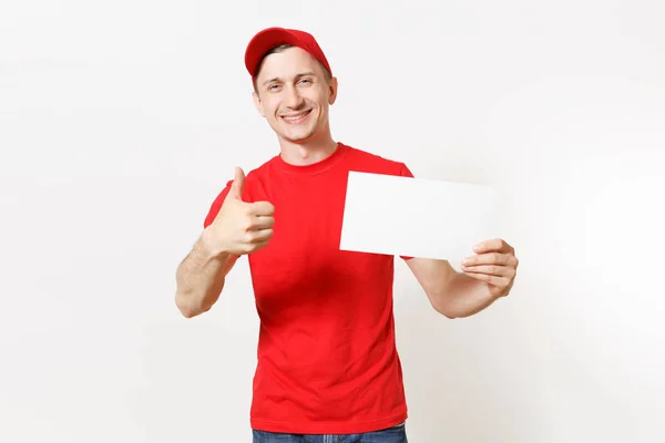 Repartidor Uniforme Rojo Aislado Sobre Fondo Blanco Mensajero Divertido Masculino — Foto de Stock