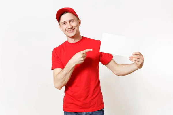 Repartidor Uniforme Rojo Aislado Sobre Fondo Blanco Mensajero Divertido Masculino — Foto de Stock