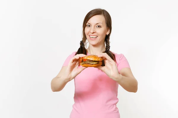 Young Beautiful Woman Pink Shirt Braids Holding Hands Burger Isolated — Stock Photo, Image