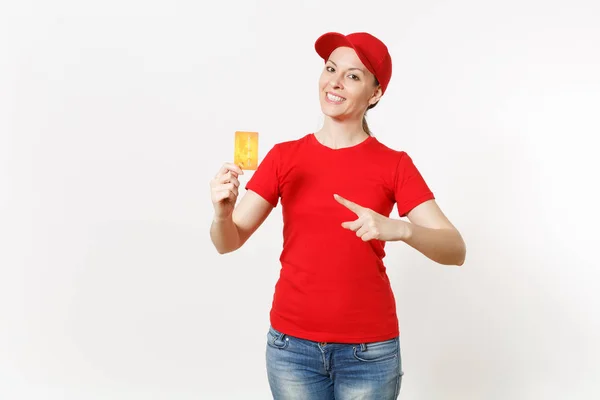 Mulher Entrega Uniforme Vermelho Isolado Fundo Branco Mulher Caucasiana Profissional — Fotografia de Stock