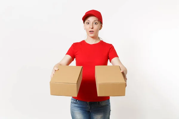 Dostawy Całkiem Kobieta Czerwieni Jednolite Białym Tle Kobieta Wpr Shirt — Zdjęcie stockowe