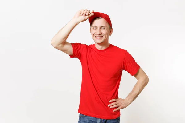 Entrega Homem Uniforme Vermelho Isolado Fundo Branco Profissional Sorridente Caucasiano — Fotografia de Stock