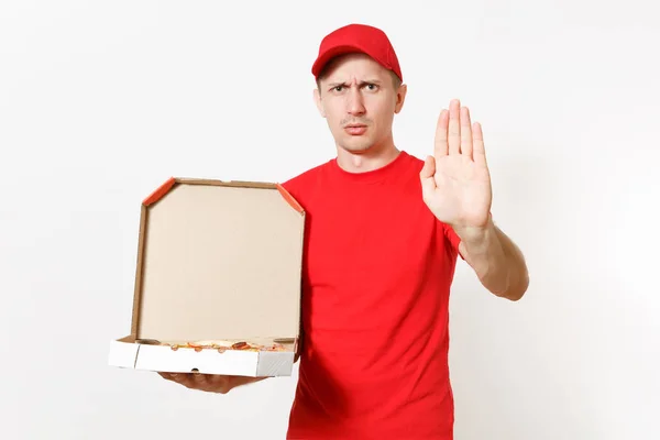 Delivery Shocked Man Red Uniform Isolated White Background Male Pizzaman — Stock Photo, Image