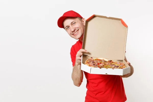 Entrega Homem Sorridente Uniforme Vermelho Isolado Fundo Branco Homem Pizzaman — Fotografia de Stock