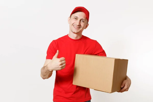 Entrega Jovem Uniforme Vermelho Isolado Fundo Branco Homem Boné Shirt — Fotografia de Stock