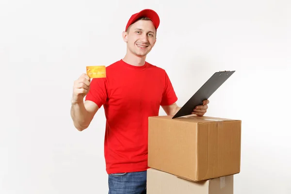 Entrega Homem Uniforme Vermelho Isolado Fundo Branco Correio Masculino Cap — Fotografia de Stock