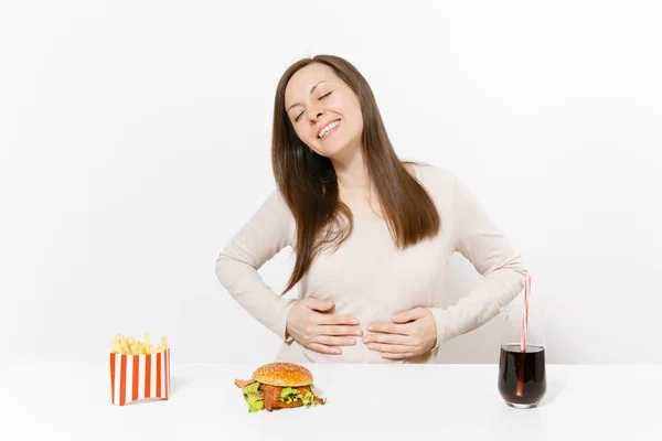 Woman Put Her Arms Abdomen Table Burger French Fries Cola — Stock Photo, Image