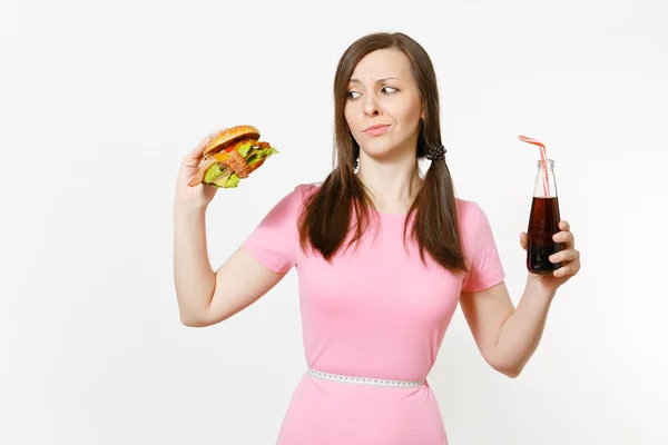 Sad Young Woman Tails Measuring Tape Waist Holding Burger Cola — Stock Photo, Image