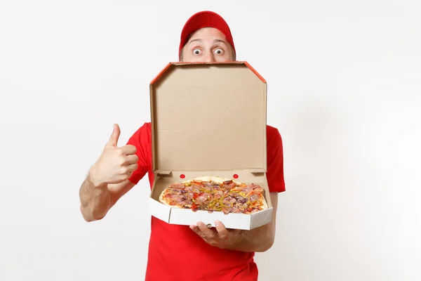 Entrega Homem Sorridente Uniforme Vermelho Isolado Fundo Branco Homem Pizzaman — Fotografia de Stock