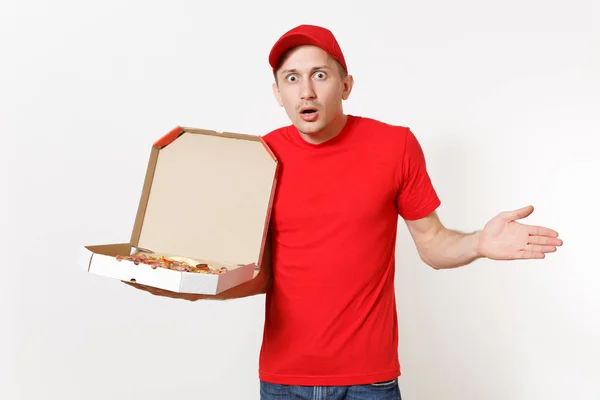 Entrega Homem Chocado Uniforme Vermelho Isolado Fundo Branco Homem Pizzaman — Fotografia de Stock