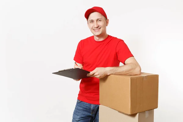 Repartidor Uniforme Rojo Aislado Sobre Fondo Blanco Mensajero Masculino Gorra — Foto de Stock