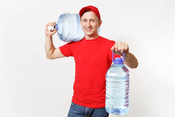 Mensajero Entrega Contenido Distribuidor Hombre Uniforme Rojo Que Lleva Botella — Foto de Stock