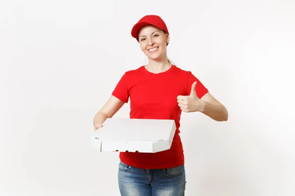 Mulher Entrega Uniforme Vermelho Isolado Fundo Branco Bonita Fêmea Boné — Fotografia de Stock