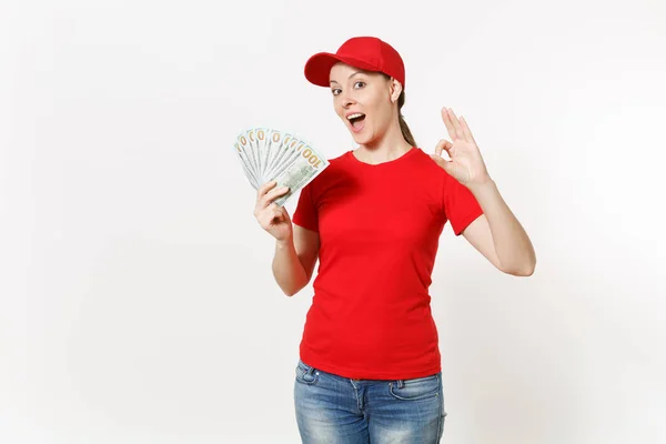 Consegna Donna Uniforme Rossa Isolato Sfondo Bianco Professionale Donna Cap — Foto Stock