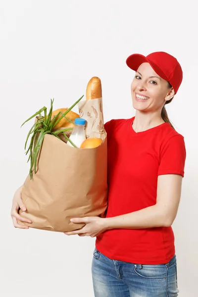Lieferfrau Roter Uniform Isoliert Auf Weißem Hintergrund Kurierin Mütze Shirt — Stockfoto
