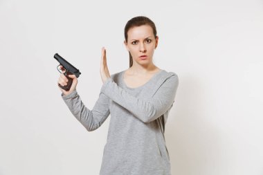 Kadın el ile beyaz arka plan üzerinde izole palmiye durağı jest gösteren silahla. Hiçbir çekim sembolü el kız. Dur şiddet, silah okul denetiminde, öldürmek yok çocuklar, sorun kavramı insanlar.