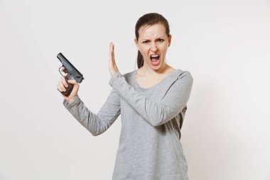 Kadın el ile beyaz arka plan üzerinde izole palmiye durağı jest gösteren silahla. Hiçbir çekim sembolü el kız. Dur şiddet, silah okul denetiminde, öldürmek yok çocuklar, sorun kavramı insanlar.