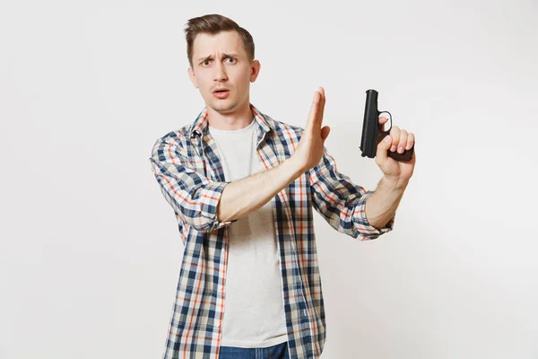 Hombre Con Arma Mano Mostrando Gesto Stop Con Palma Aislada — Foto de Stock