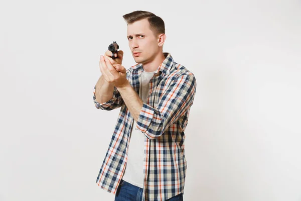 Hombre Apuntando Con Arma Mano Señalando Gesto Aislado Sobre Fondo — Foto de Stock