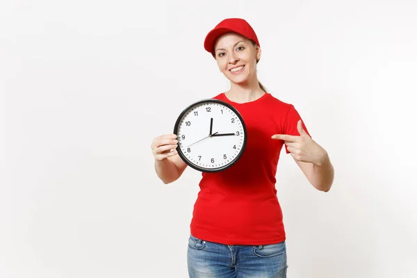 Delivery Woman Red Uniform Isolated White Background Professional Female Cap — Stock Photo, Image