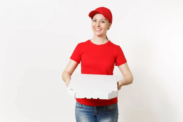 Mulher Entrega Uniforme Vermelho Isolado Fundo Branco Bonita Fêmea Boné — Fotografia de Stock