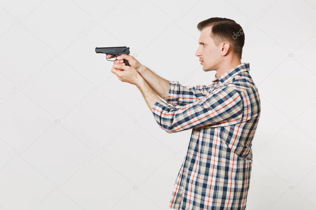 Man aiming with gun in hand pointing gesture isolated on white background. Male firearm hand no shooting symbol. Stop violence, weapons in school control, no killing people children, problem concept