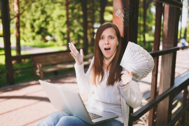 Dolar, nakit para demet tutan genç başarılı işkadını. Şehir Park açık havada doğa üzerinde sokakta modern dizüstü pc bilgisayar üzerinde çalışan kadın. Mobil ofis. Serbest iş kavramı