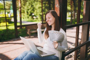 Dolar, nakit para demet tutan genç başarılı işkadını. Şehir Park açık havada doğa üzerinde sokakta modern dizüstü pc bilgisayar üzerinde çalışan kadın. Mobil ofis. Serbest iş kavramı