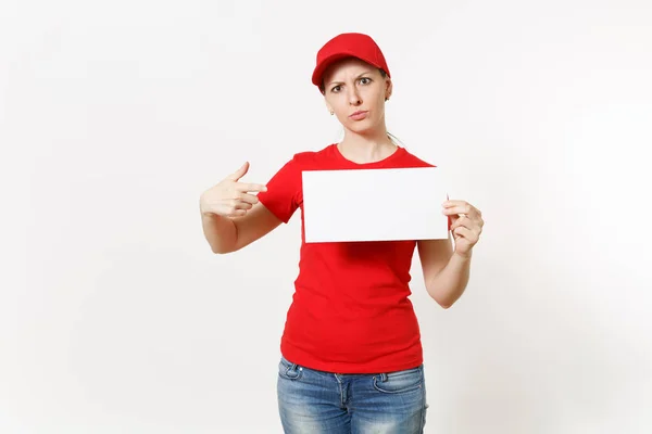 Mujer Parto Uniforme Rojo Aislado Sobre Fondo Blanco Mensajera Gorra — Foto de Stock