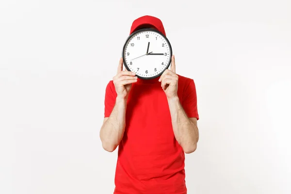 Delivery Man Red Uniform Isolated White Background Professional Male Cap — Stock Photo, Image