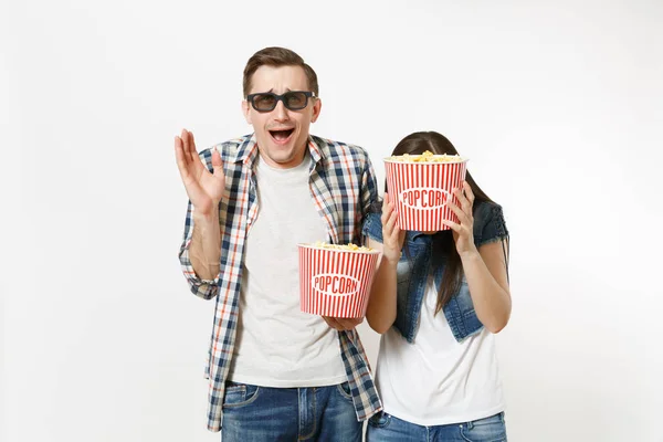 Young Happy Couple Woman Man Glasses Watching Movie Film Date — Stock Photo, Image