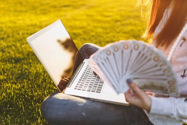 Female Holding Bundle Dollars Cash Money Woman Sitting Grass Ground — Stock Photo, Image