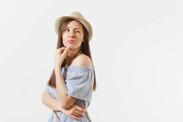 Jeune Femme Charmante Élégante Tendre Habillée Robe Bleue Chapeau Mignon — Photo