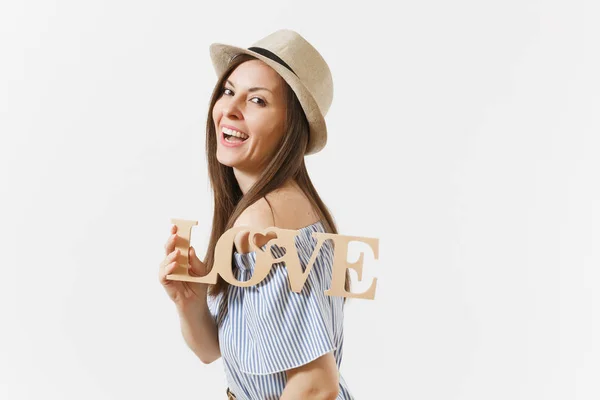 Mujer Joven Vestido Azul Sombrero Con Palabra Madera Amor Aislado — Foto de Stock