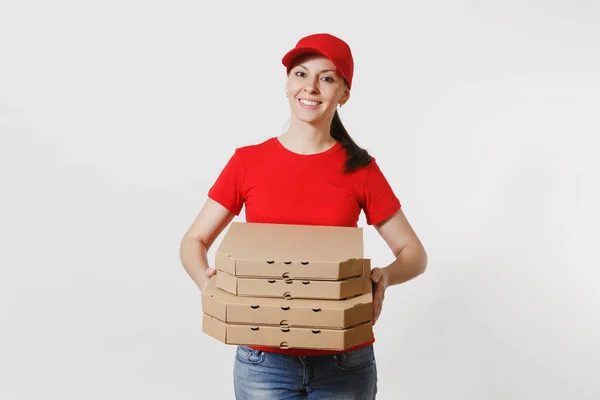 Mulher Boné Vermelho Shirt Dando Caixas Pizza Ordem Alimentar Isolado — Fotografia de Stock