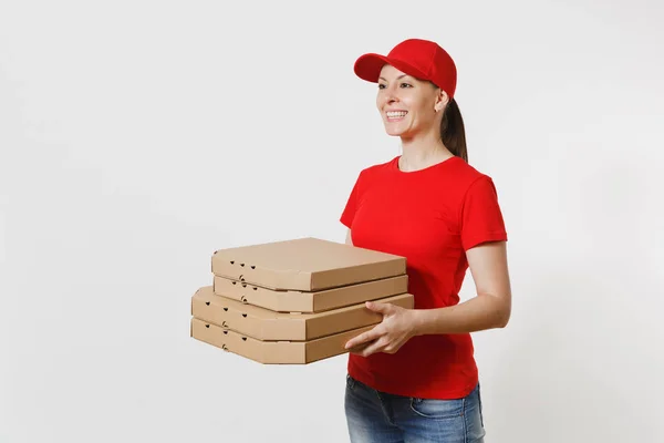 Vrouw Rode Dop Shirt Geven Voedsel Volgorde Pizzadozen Geïsoleerd Een — Stockfoto