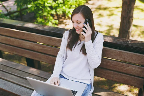 Young Happy Female Light Casual Clothes Talking Mobile Phone Woman — Stock Photo, Image