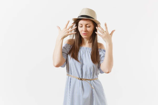 Young Tender Elegant Charming Woman Dressed Blue Dress Cute Hat — Stock Photo, Image