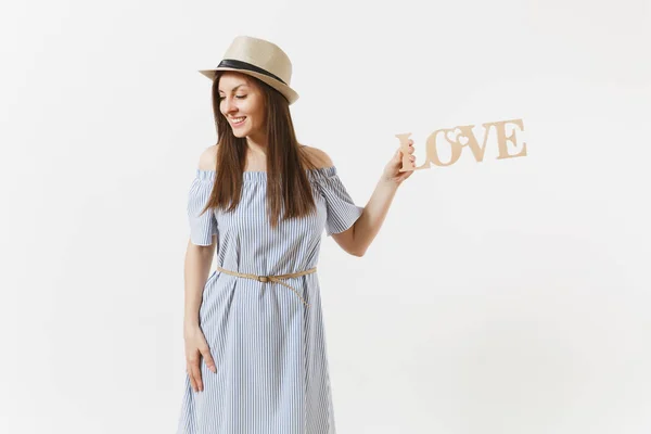Mujer Joven Vestido Azul Sombrero Con Palabra Madera Amor Aislado —  Fotos de Stock