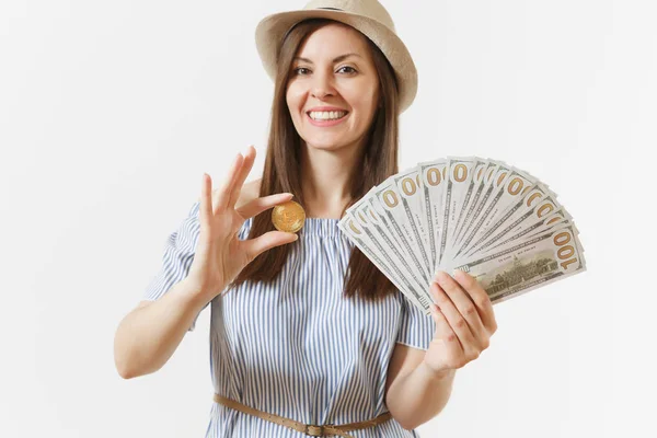 Joven Mujer Elegante Vestido Azul Sombrero Con Pelo Largo Celebración —  Fotos de Stock