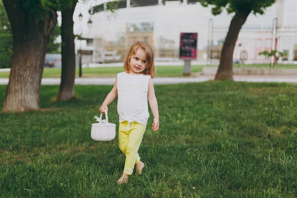 Όμορφο Μικρό Χαριτωμένο Παιδί Κοριτσάκι Καλάθι Περπάτημα Παίξουν Και Διασκεδάσουν — Φωτογραφία Αρχείου