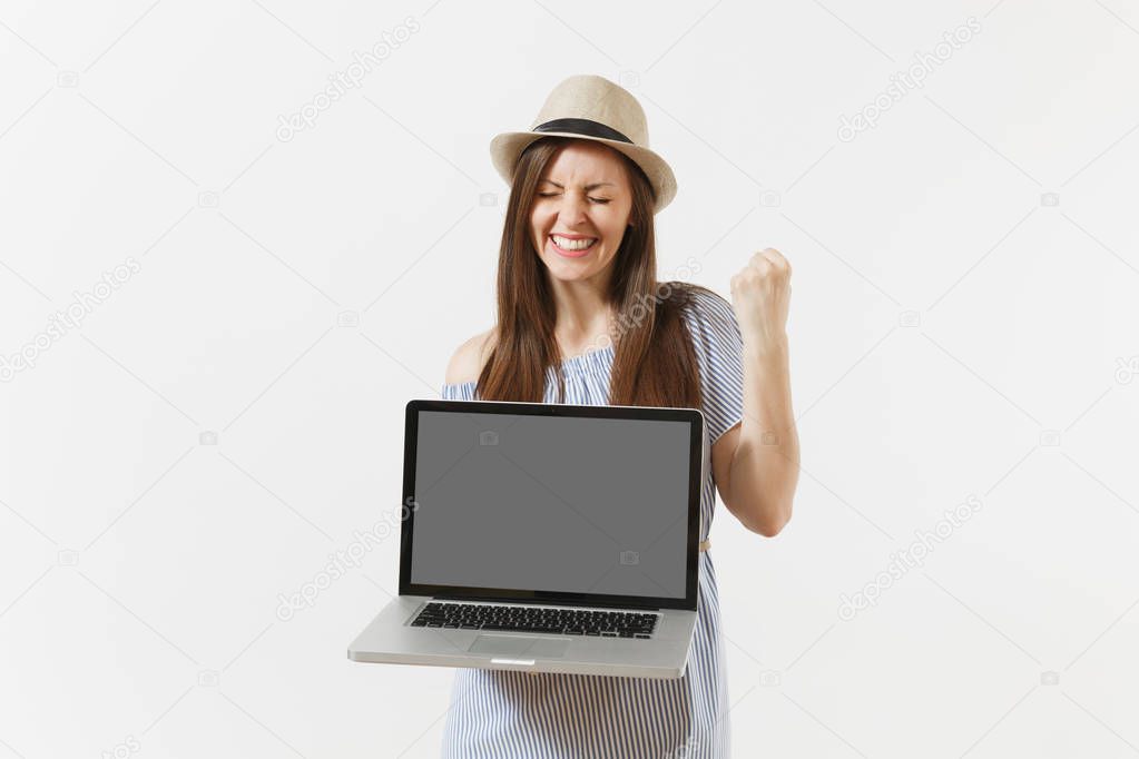 Young woman holding modern laptop pc computer with blank black empty screen to copy space isolated on white background. People freelance business, lifestyle, online shopping concept. Mobile Office