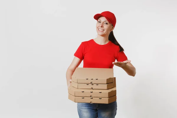 Mulher Boné Vermelho Shirt Dando Caixas Pizza Ordem Alimentar Isolado — Fotografia de Stock