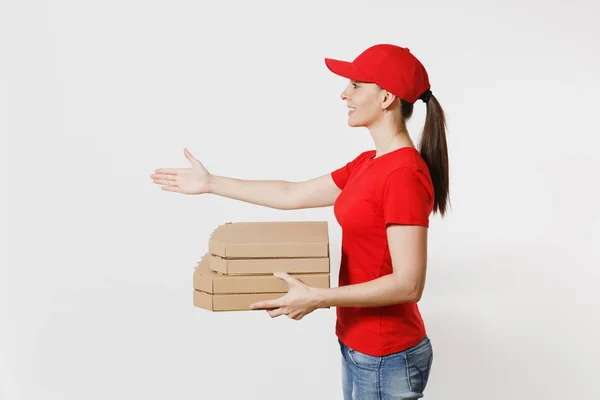 Levering Vrouw Rode Dop Shirt Geven Voedsel Volgorde Pizzadozen Geïsoleerd — Stockfoto