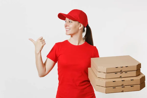 Kobieta Czerwonym Kapturku Shirt Pola Pizza Zamówienia Jedzenie Białym Tle — Zdjęcie stockowe