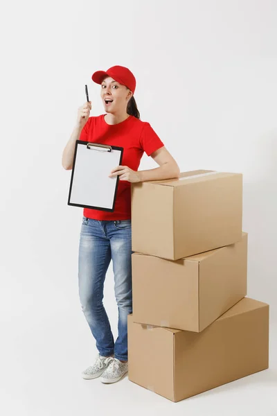 Full Length Delivery Woman Red Cap Shirt Isolated White Background — Stock Photo, Image